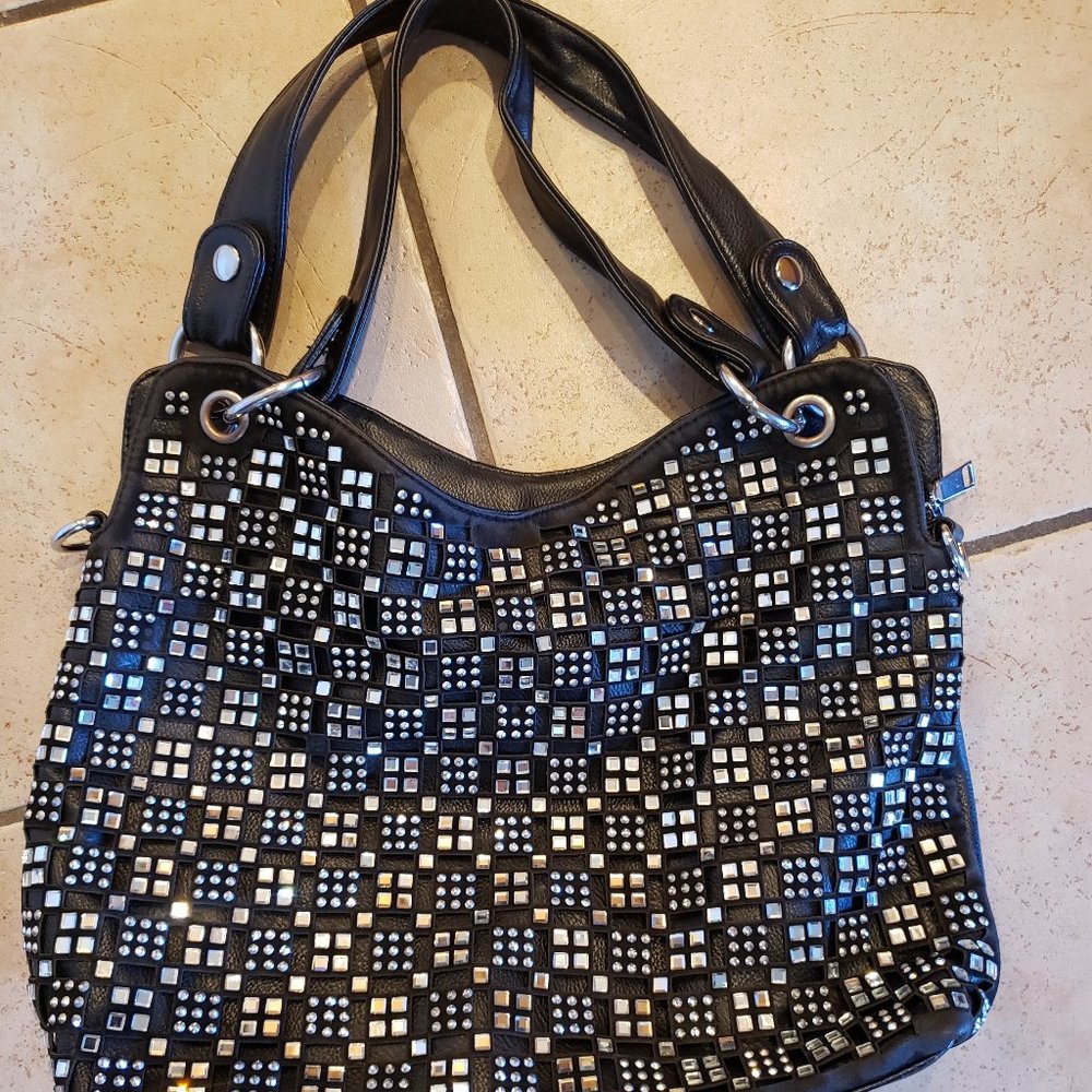 Black Leather Purse With Rhinestone Accents, Geometric Pattern